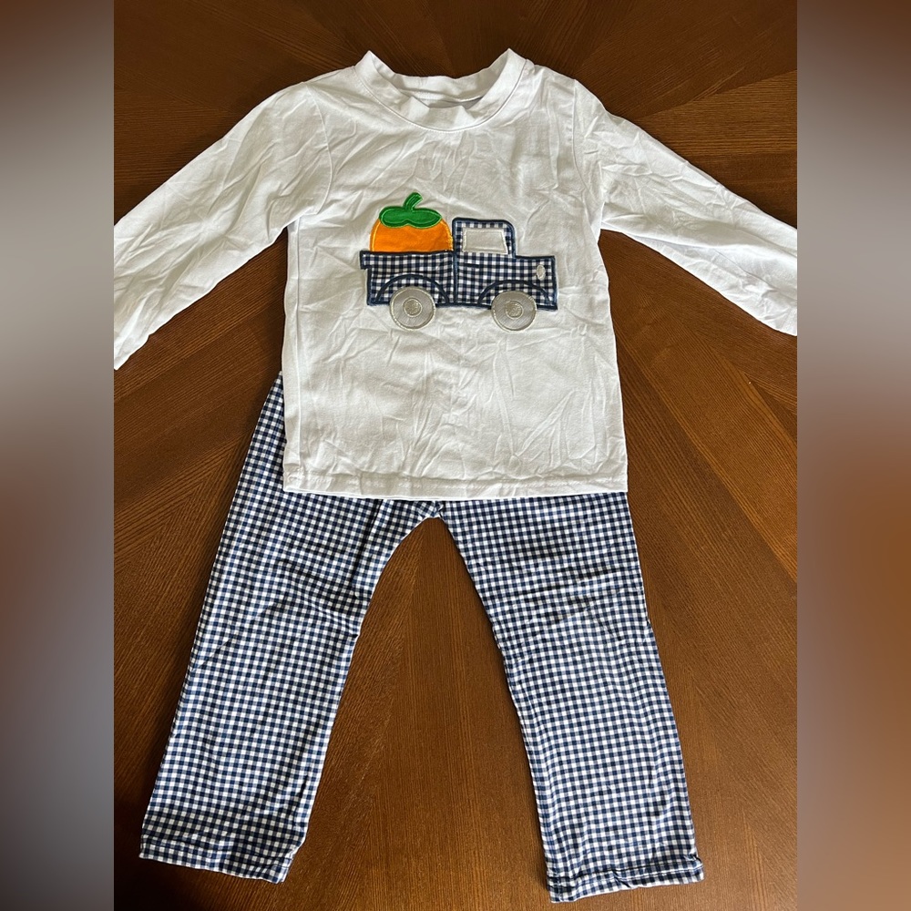 2t boys fall pumpkin truck matching set blue gingham